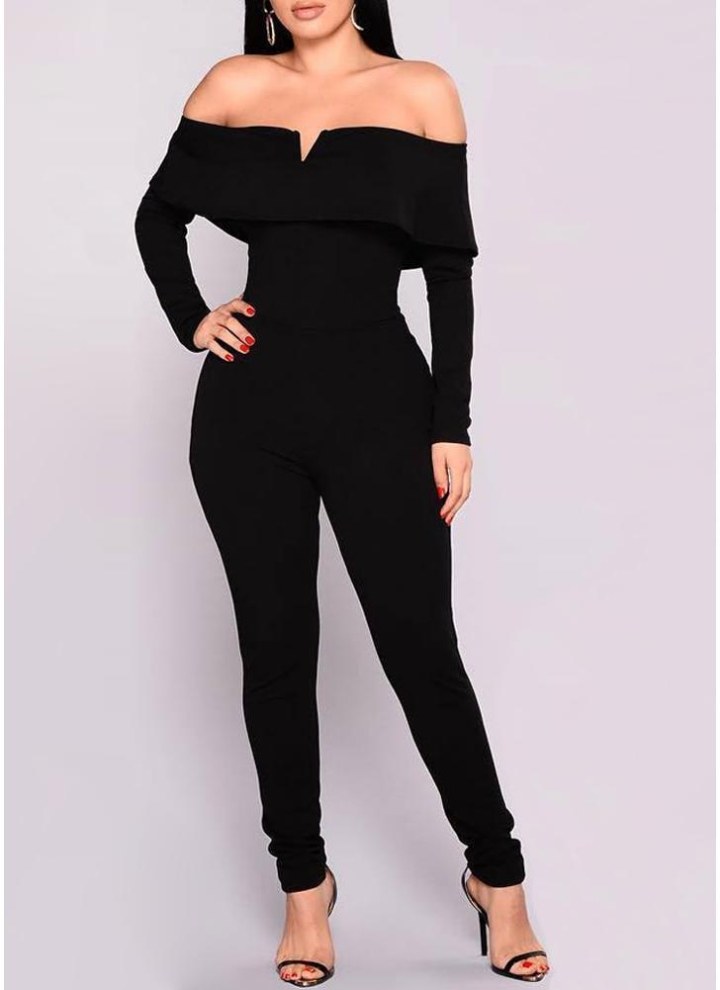 black long sleeve off the shoulder jumpsuit