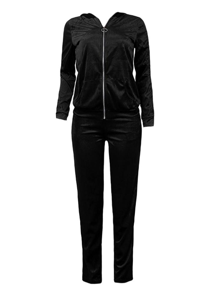 Hooded Hoodie Pants Zipper Elastic Waist Casual Sportswear Top Trousers