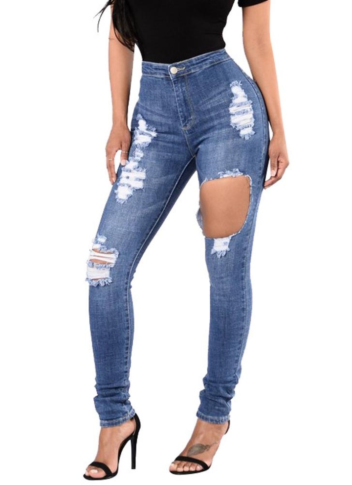 Neue Frauen zerrissene Jeans Bodycon Denim Zerstörte ausgefranste Loch Reißverschlusstaschen beiläufige Hosen Hose Blau Neue Frauen zerrissene Jeans Bodycon Denim Zerstörte ausgefranste Loch Reißverschlusstaschen beiläufige Hosen Hose Blau