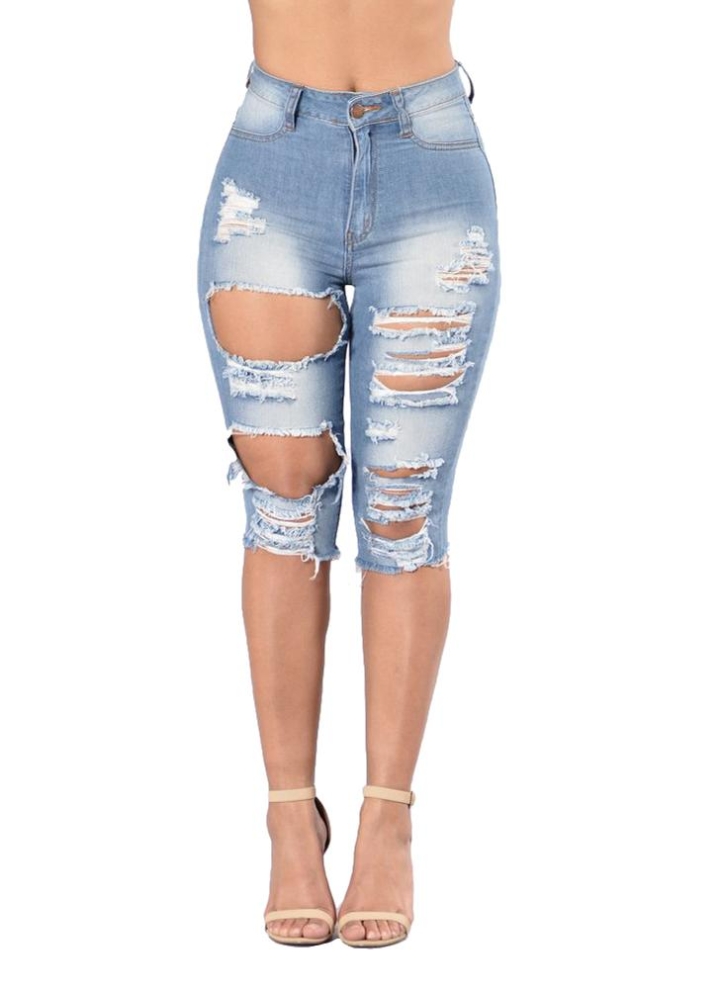 Coolred-Women Slim Fit Highwaist Irregular Distressed Jeans Denim Shorts