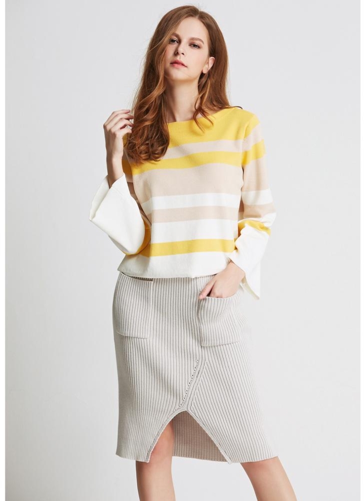Maglia top righe asimmetriche donna costine aderente maniche lunghe nuovo