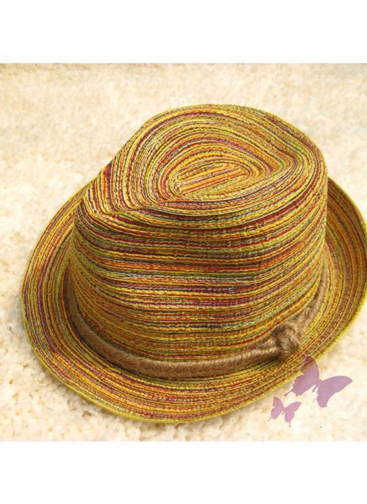 Summer Trilby Short Brim Sun Straw Fedora Hat Cap with Color Striped.