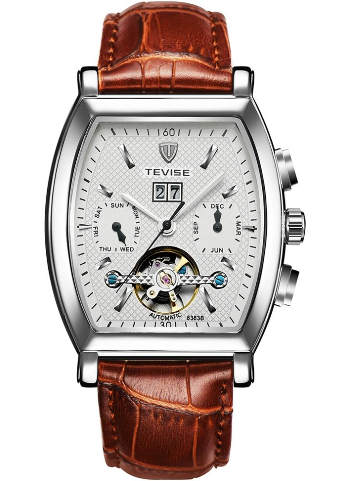 Automatische Tevise Leder Selbstaufzug Skeleton Mechanische Kalender Herren Uhr c4RL35Ajq