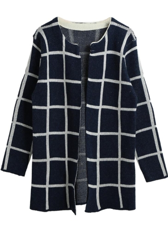 Plaid Open Front Casual Knitted Sweater Cardigan