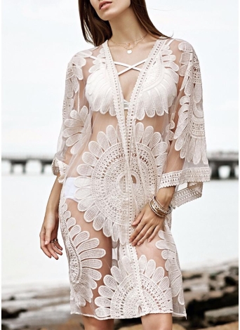 Malla floral bordado See Through Cardigan Bikini Beach Cover Up