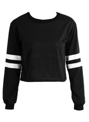 Neue Mode Frauen Crop Top PU Leder lange Ärmel Rundhalsausschnitt lässig lockeren Pullover Sweatshirt schwarz/weiss