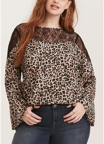 Women Plus Size Leopard Print Blouse Lace Splice O-Neck Flare Sleeve Pullover