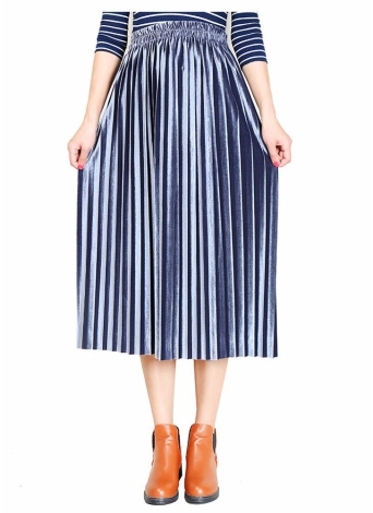 Solid Velvet Pleated Elastic High Waist Midi Casual Skirt