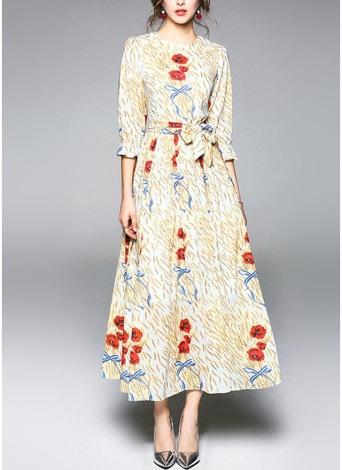 Mulheres Flower Print Elegant Dress 3/4 Sleeve Vintage Vestido Midi com cinto