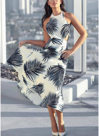 Women Dress Contrast Leaves Print  Open Back Maxi Gown Casual Holiday Wear