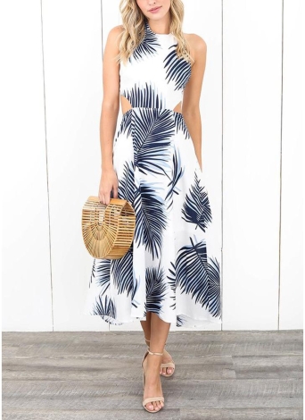 Femmes robe contraste feuilles impression dos ouvert Maxi robe Casual vêtements de vacances