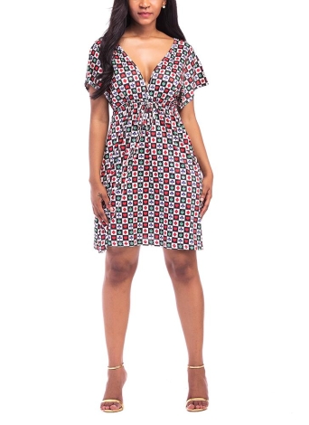 Plus Size Floral Plaids Dress Deep V Neck V Back Short Sleeves Elastic High Waist Dress