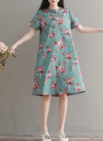 Women Dress Floral Print Round Neck Short Sleeve Cheongsle buckle Cotton Beach Casual Dress