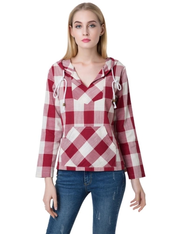 Vintage Plaid Hoodie Drawstring Pocket Split V Neck Long Sleeve Blouse