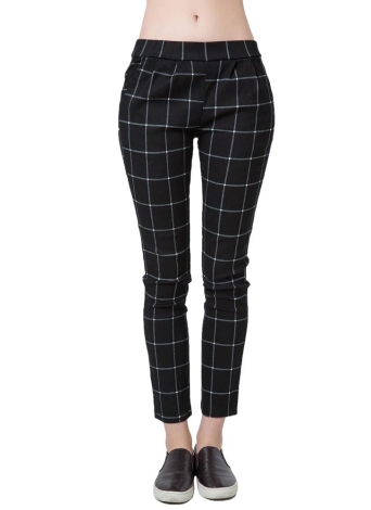 Women Checks Plaid Print Elastic Waistband Slim Vintage Pants