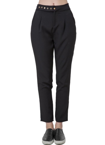 Solid Press Stud Closure Slant Pocket Lady Loose Trousers