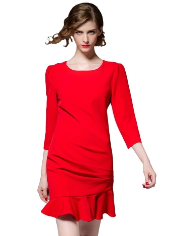 Mermaid Hem Splice O-Neck 3/4 Sleeves Elegant Bodycon OL Red Dress