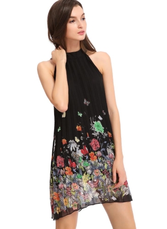 Mujeres Señoras Sin Mangas Floral Cuello Halter Pañuelo Dobladillo Sin Espalda Swing Vestido Midi