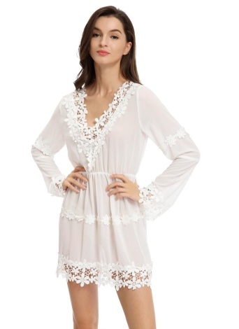 Sheer Chiffon Crochet Lace V Neck Blouse