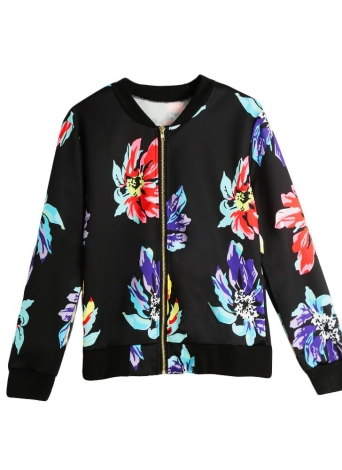 Floral Print Stand Collar Zipper Vintage Baseball Coat