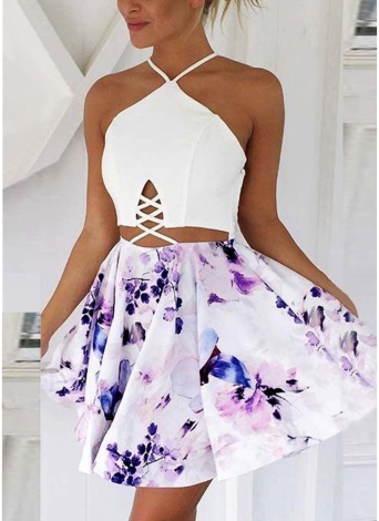 Femmes Sexy Halter Lace Up Floral Dress