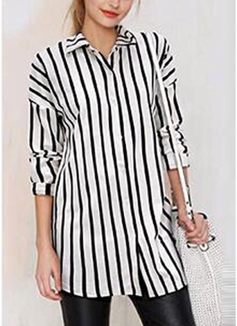 Striped Turn-down Collar Long Sleeve Long Shirt