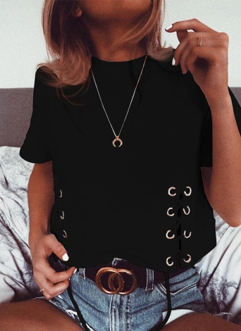 Fashion Women Loose Short Lace Up Cropped O Neck T-Shirt