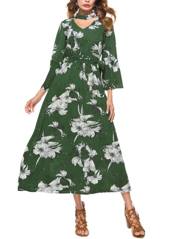 Floral Print Cut Out V-Neck Chocker Flare Sleeve Chiffon Maxi Dress