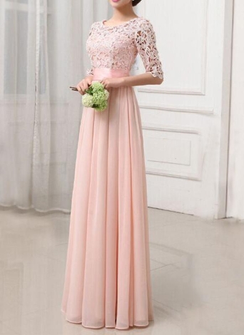 Dentelle Mousseline de soie Demi Manches Mince Longue Robe de Soirée Élégante Robe de Soirée