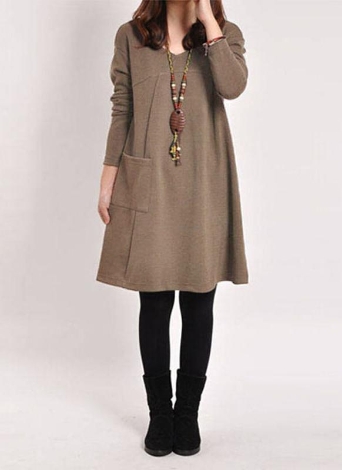 Plus Size Long Sleeves Pockets Solid V Neck Loose Dress