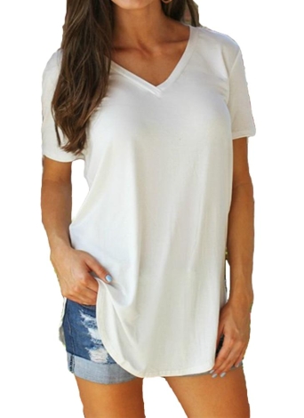 Moda Cor sólida V Neck manga curta Rounded Hem Mulheres Casual T-shirt