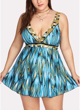 Mulheres Plus Size One Piece Swimsuit Swimdress High Cintura V Neck Print