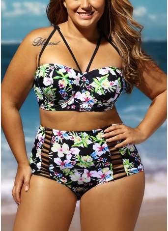 Conjunto de Bikini de cintura alta floral de talla grande para mujer