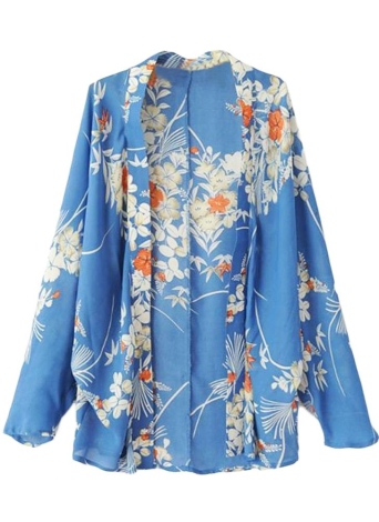 Mode Frauen Chiffon Kimono Strickjacke Floral Print offene vordere Langarm dünne Oberbekleidung blau