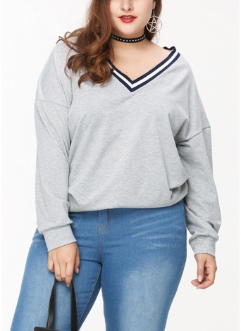 Plus Size Sweatshirt Contrast Stripes V Neck Long Sleeve Casual Women Pullover