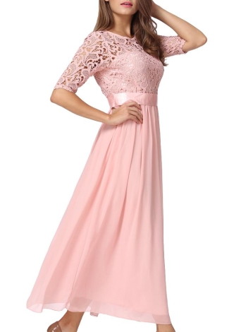 Lace Chiffon Half Sleeve Slim Long Gown Elegant  Evening Party Prom Dress