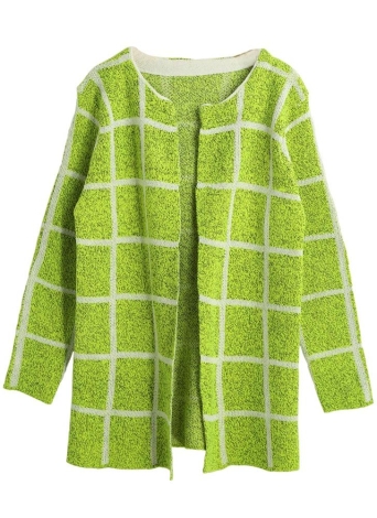 Manteau Femmes Knit Plaid ouvert avant manches longues Casual tricotée Chandail Long Cardigan Vert / Bleu foncé