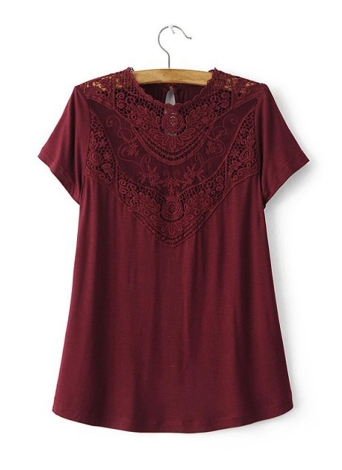 Lace Crochet Hollow Out Round Neck Short Sleeve Blouse