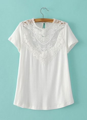 Lace Crochet Hollow Out Round Neck Short Sleeve Blouse