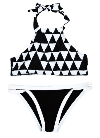 Mujeres sexy Bikini conjunto patrón geométrico cuello alto cultivo corte superior inferior traje de baño traje de baño negro