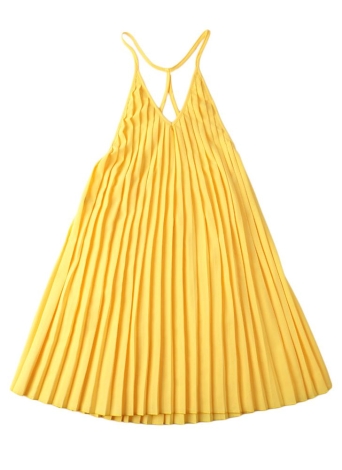 Nova moda mulheres vestem plissado v-Neck Spaghetti sem encosto cinta Halter vestido amarelo