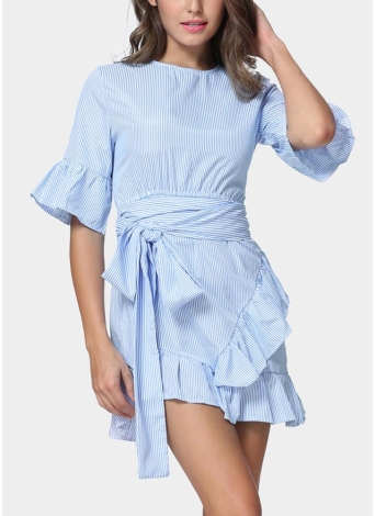 Mulheres Ruffles Striped Flare Cintura Strap Asymmetrical Mini Shirt Dress