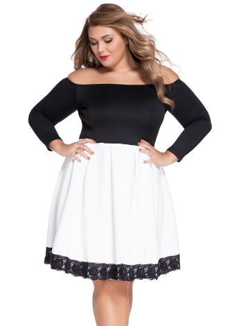 Spliced Bateau Neck Lace Off Shoulder Skater Dress