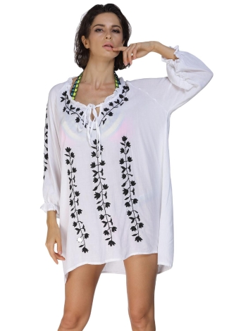 White Elegant Deep V-Neck Black Embroider Smock Blouse