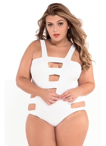 Sexy Bandage Cut Out White Plus Size One-piece Swimsuit