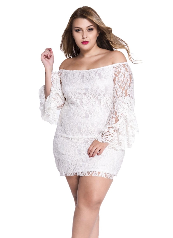 white xxl Plus Size Black Lace Off-The-Shoulder Mini Dress - Chicuu