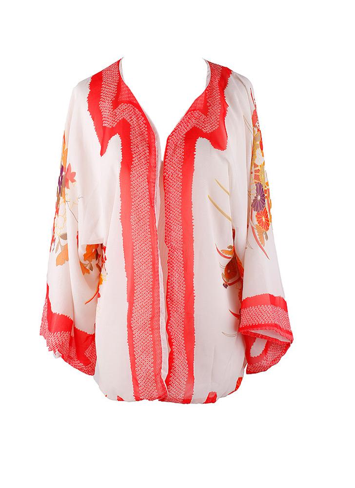 Vintage Floral Print 3/4 Sleeve Loose Casual Red Chiffon Kimono