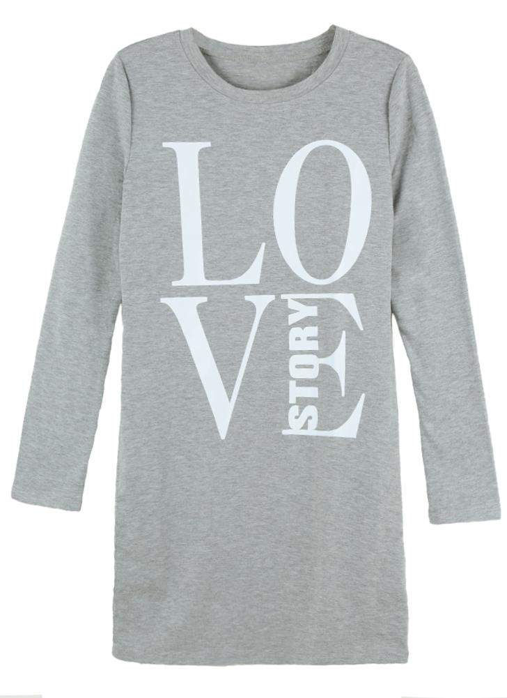 Casual Letter Print Long Sleeve Round Neck Casual Mini T-Shirt Dress