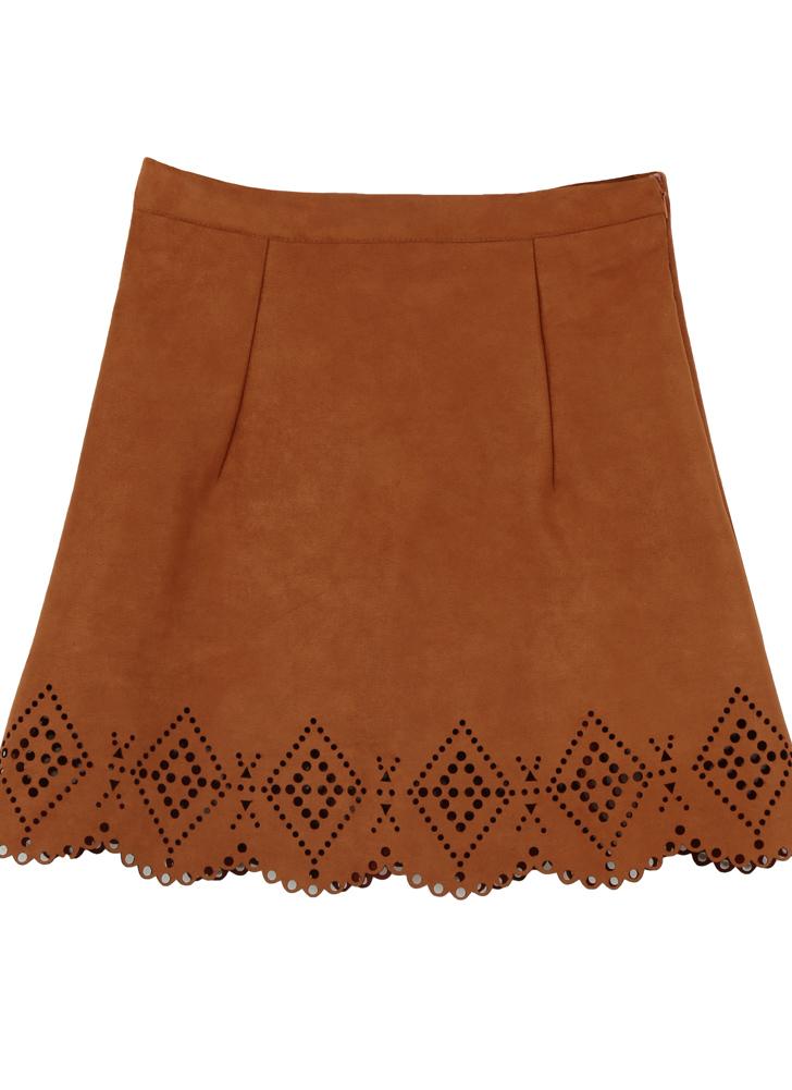 Vintage Faux Suede Hollow Out High Waist A-Line Skirt