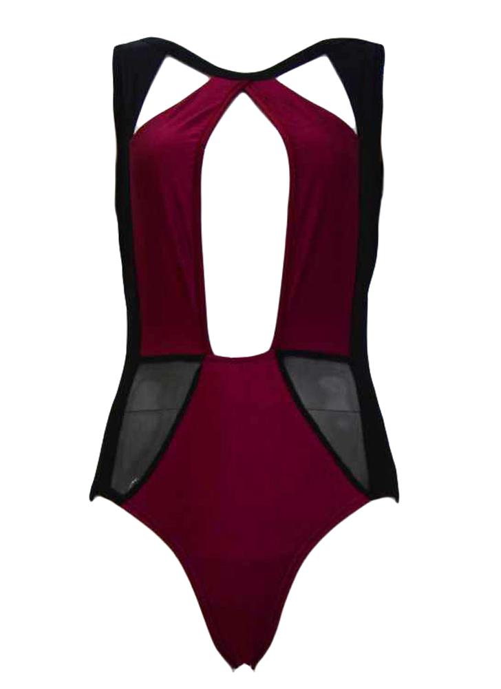 Sexy One Piece Monokini Triangle Cutouts Mesh Patchwork Swimsuit